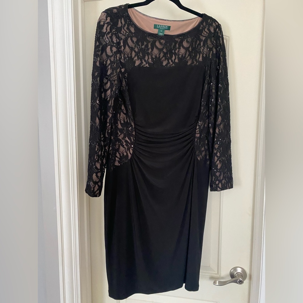 Ralph Lauren Black Ruched Long Sleeve Sheath Dress